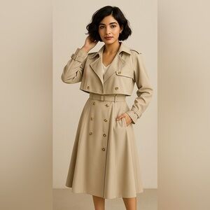 Stylish Tan Trench Coat with Skirt 2 pc set- Missing Label